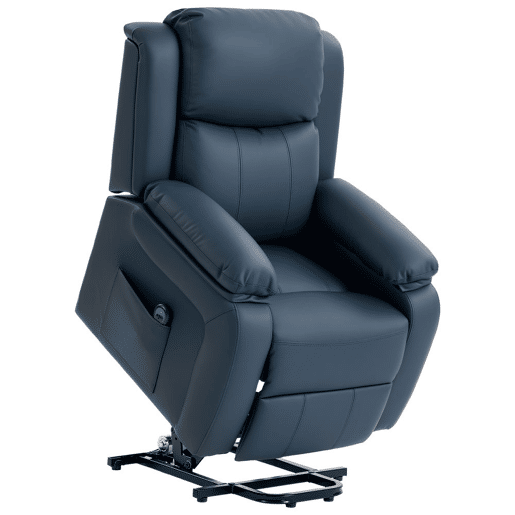 HOMCOM Poltrona Relax Levanta Pessoas com Controle Remoto Reclinação Elétrica de 160° Apoio para os Pés Encosto Estofado em PU e Bolsos Laterais 76x90x105 cm Azul Escuro