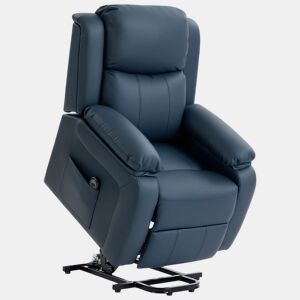 HOMCOM Poltrona Relax Levanta Pessoas com Controle Remoto Reclinação Elétrica de 160° Apoio para os Pés Encosto Estofado em PU e Bolsos Laterais 76x90x105 cm Azul Escuro