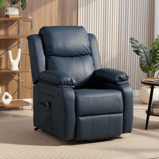 HOMCOM Poltrona Relax Levanta Pessoas com Controle Remoto Reclinação Elétrica de 160° Apoio para os Pés Encosto Estofado em PU e Bolsos Laterais 76x90x105 cm Azul Escuro