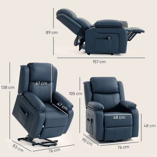 HOMCOM Poltrona Relax Levanta Pessoas com Controle Remoto Reclinação Elétrica de 160° Apoio para os Pés Encosto Estofado em PU e Bolsos Laterais 76x90x105 cm Azul Escuro