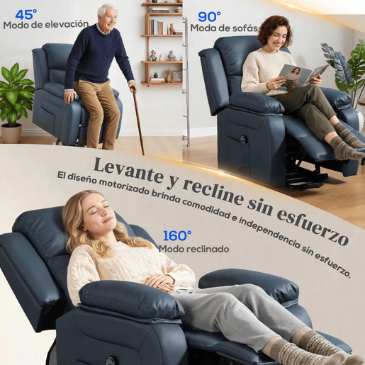 HOMCOM Poltrona Relax Levanta Pessoas com Controle Remoto Reclinação Elétrica de 160° Apoio para os Pés Encosto Estofado em PU e Bolsos Laterais 76x90x105 cm Azul Escuro