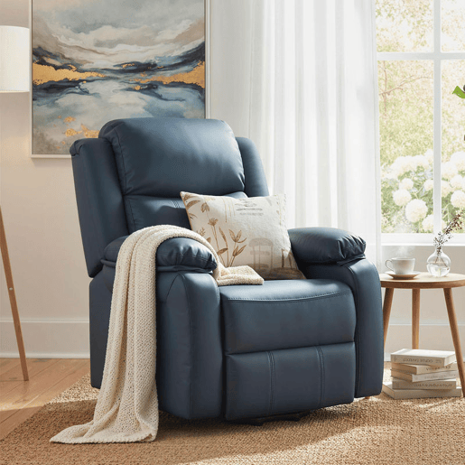 HOMCOM Poltrona Relax Levanta Pessoas com Controle Remoto Reclinação Elétrica de 160° Apoio para os Pés Encosto Estofado em PU e Bolsos Laterais 76x90x105 cm Azul Escuro