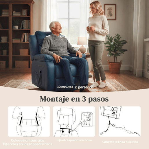 HOMCOM Poltrona Relax Levanta Pessoas com Controle Remoto Reclinação Elétrica de 160° Apoio para os Pés Encosto Estofado em PU e Bolsos Laterais 76x90x105 cm Azul Escuro