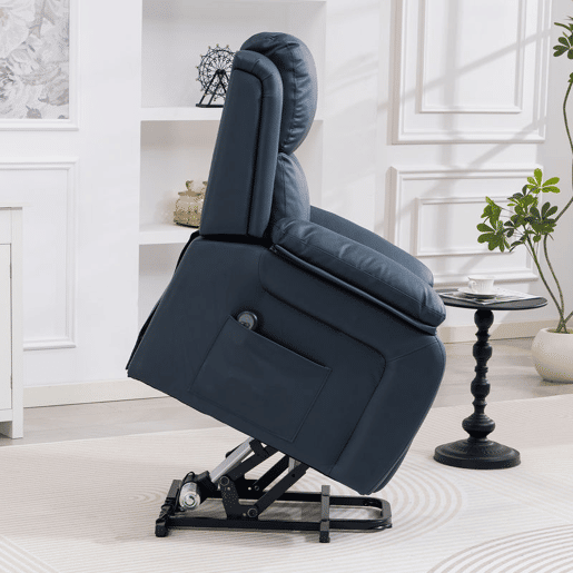 HOMCOM Poltrona Relax Levanta Pessoas com Controle Remoto Reclinação Elétrica de 160° Apoio para os Pés Encosto Estofado em PU e Bolsos Laterais 76x90x105 cm Azul Escuro
