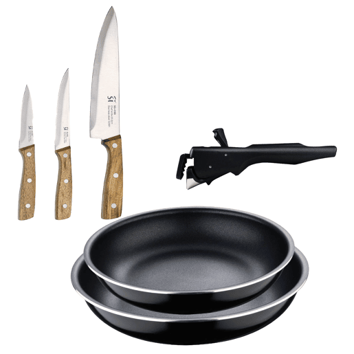 Frigideiras de indução Click&Cook Ø22Ø26cm e facas de cozinha