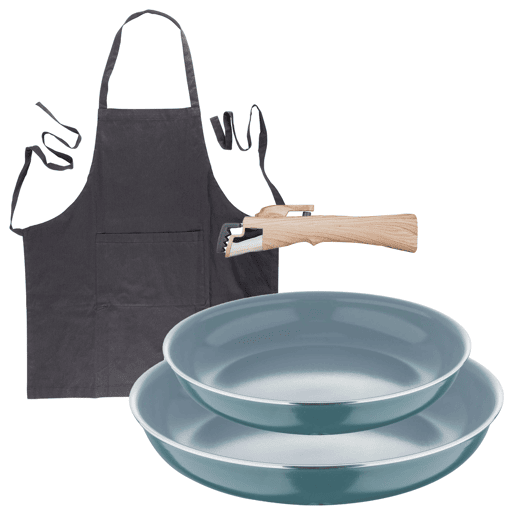 Frigideiras de indução Click&Cook Ø22Ø26cm e avental cinza