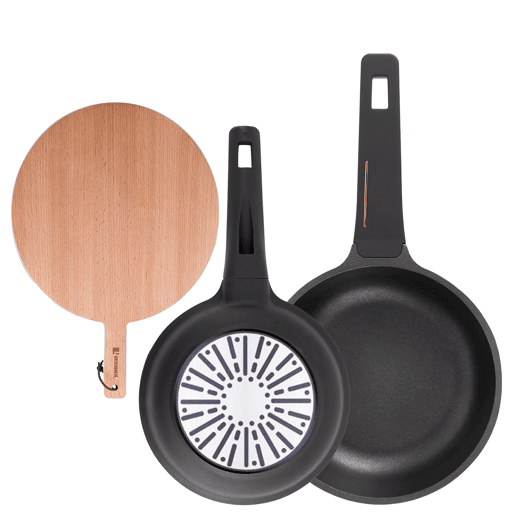 Frigideiras Copper de Ø20Ø24cm com sistema de indução e tábua de corte. Frigideiras Copper de Ø20Ø24cm com sistema de indução e tábua de corte.