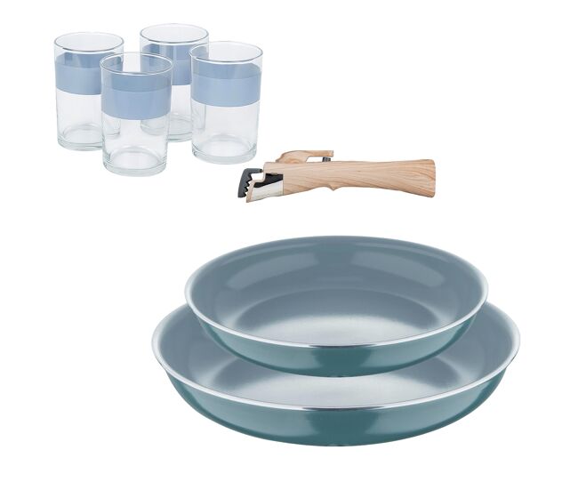Sartenes ø22ø26cm inducción click&cook y 4 vasos de 0,5l