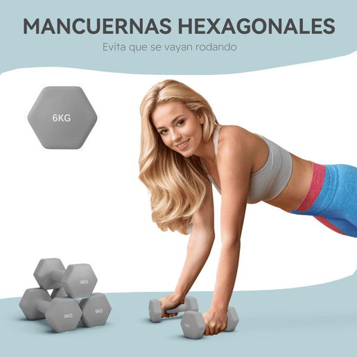 SPORTNOW Conjunto de Halteres Hexagonais 2 x 6 kg Revestidos em Plástico Conjunto de Pesos de Metal com Cabos Antiderrapantes para Treino em Casa Ginásio e Escritório 22x10x10 cm Cinzento