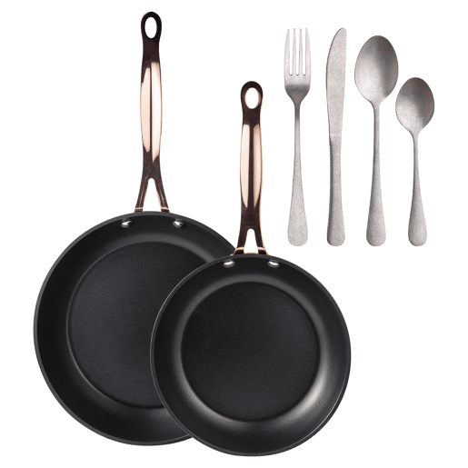 Frigideiras de indução de cobre Ø20Ø24cm e conjunto de talheres de 16 peças