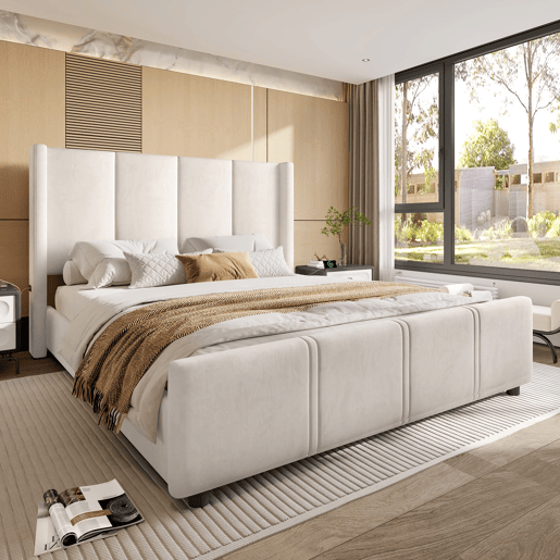 Cama estofada 160x200 cm - Cabeceira e pés altos, USB certificado, estrutura em ferro e madeira, bege