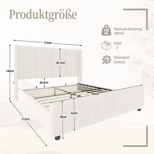 Cama estofada 160x200 cm - Cabeceira e pés altos, USB certificado, estrutura em ferro e madeira, bege