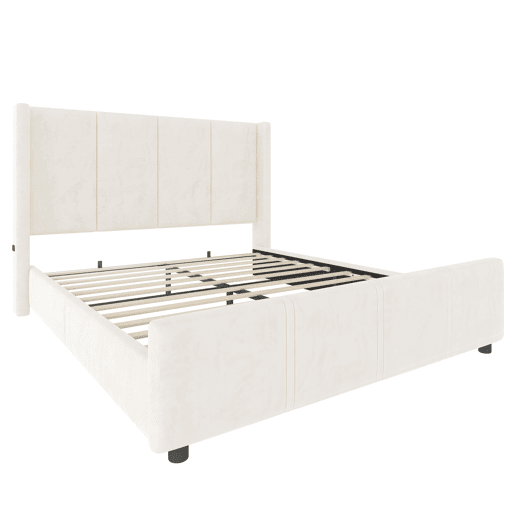 Cama estofada 160x200 cm - Cabeceira e pés altos, USB certificado, estrutura em ferro e madeira, bege