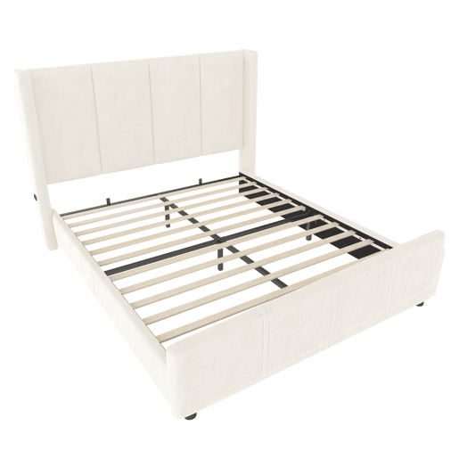 Cama estofada 160x200 cm - Cabeceira e pés altos, USB certificado, estrutura em ferro e madeira, bege