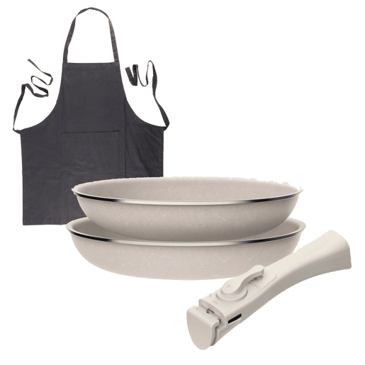 Frigideiras de indução Click&Cook Ø24Ø28cm e avental cinza Frigideiras de indução Click&Cook Ø24Ø28cm e avental cinza