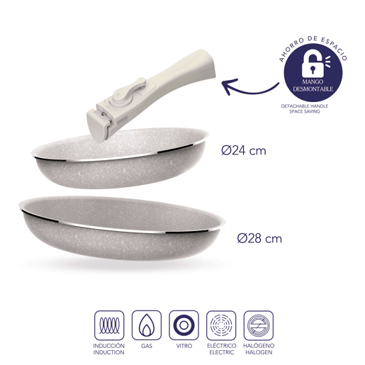 Frigideiras de indução Click&Cook Ø24Ø28cm e avental cinza Frigideiras de indução Click&Cook Ø24Ø28cm e avental cinza
