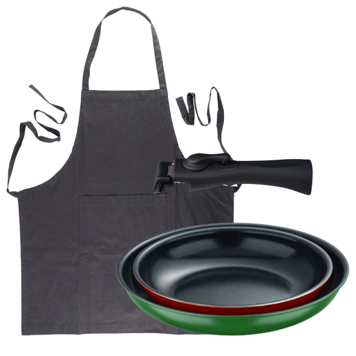 Frigideiras de indução Click&Cook Ø22Ø26cm e avental cinza