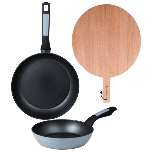 Frigideiras de indução NOIA Ø20Ø26cm e tábua de corte Frigideiras de indução NOIA Ø20Ø26cm e tábua de corte