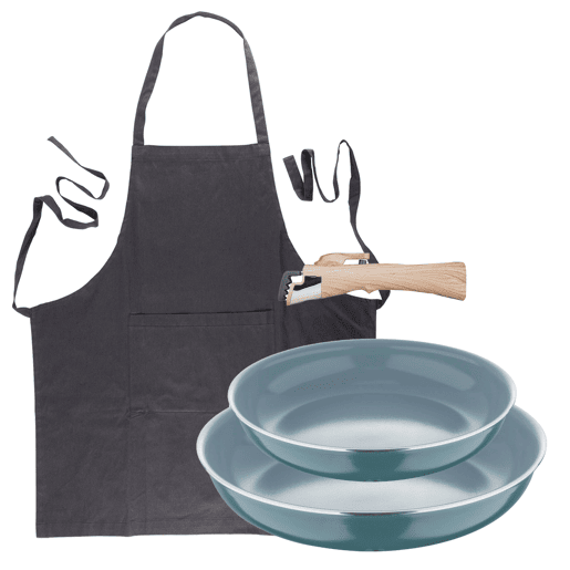 Frigideiras de indução Click&Cook Ø24Ø28cm e avental cinza