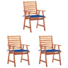 Cadeiras de jantar p jardim - Cadeiras de exterior 3 pcs c almofadões acácia maciça