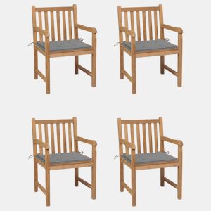 Cadeiras de jardim - Cadeiras de exterior c almofadões cinzentos 4 pcs teca maciça