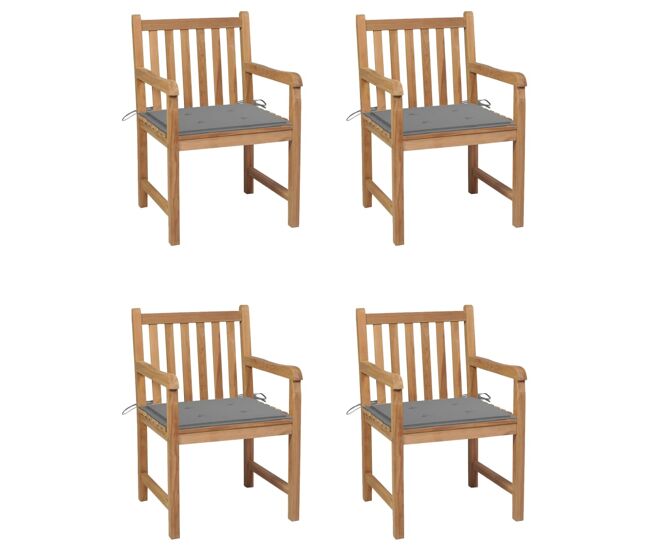 Juego de 4 sillas de jardín - sillas de exterior - sillas terraza madera maciza de teca con cojines grises