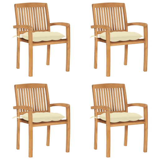 Cadeiras de jardim - Cadeiras de exterior empiháveis c almofadões 4 pcs teca maciça Cadeiras de jardim - Cadeiras de exterior empiháveis c almofadões 4 pcs teca maciça