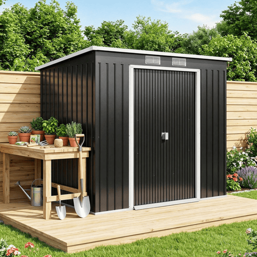 Outsunny Abrigo de Jardim 213x130x173 cm Abrigo de Exterior de Aço Galvanizado com Porta Corredeira e Ventilações para Armazenamento de Ferramentas Cinza Escuro