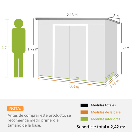 Outsunny Abrigo de Jardim 213x130x173 cm Abrigo de Exterior de Aço Galvanizado com Porta Corredeira e Ventilações para Armazenamento de Ferramentas Cinza Escuro