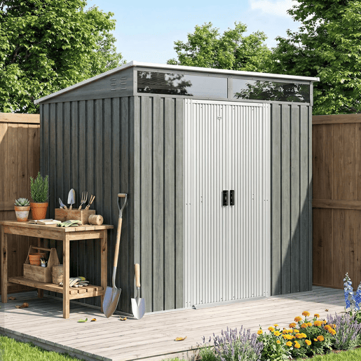 Outsunny Abrigo de Jardim Exterior 2 m² 195x122x181,5 cm Abrigo Metálico com Base SEM CHÃO 2 Portas de Correr Janelas e Ganchos para Ferramentas Cinza Claro