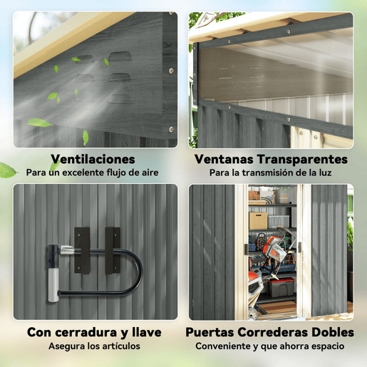 Outsunny Abrigo de Jardim Exterior 2 m² 195x122x181,5 cm Abrigo Metálico com Base SEM CHÃO 2 Portas de Correr Janelas e Ganchos para Ferramentas Cinza Claro