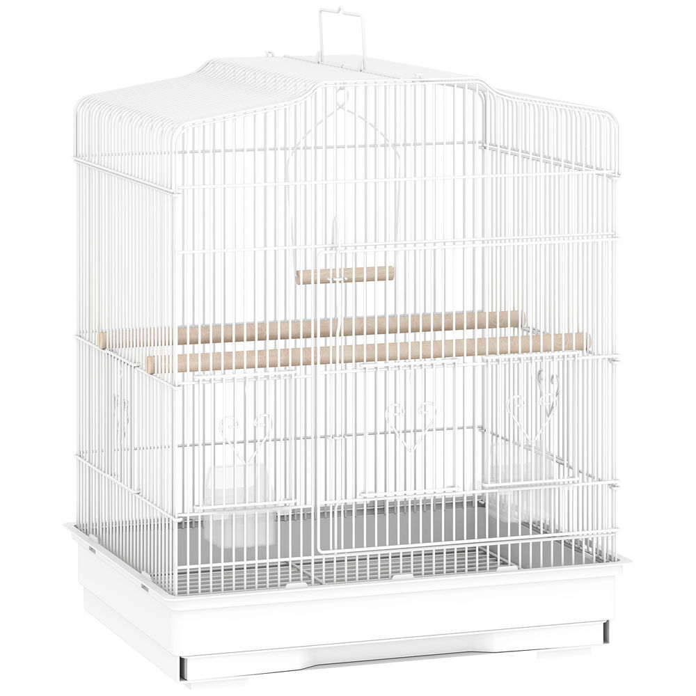 Pawhut jaula para pájaros, jaula de acero para pájaros con puertas, 2 comederos, 2 perchas, columpio, bandeja extraíble y asa de transporte, para loro, canario, periquito, 46,5x36x59 cm, blanco