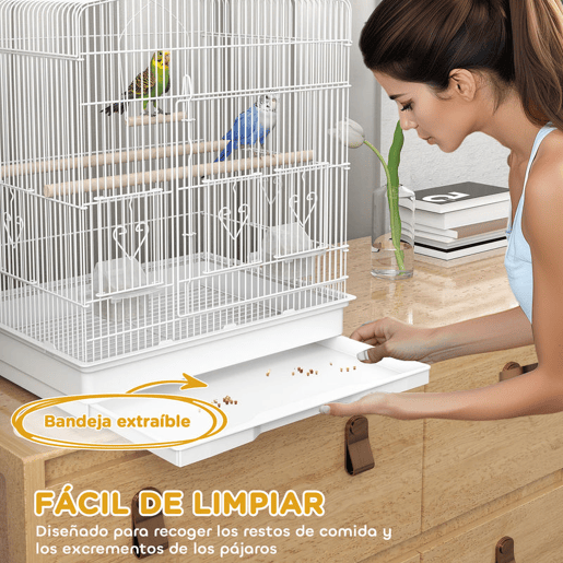 PawHut Gaiola para Pássaros Gaiola de Aço com Portas 2 Comedouros 2 Poleiros Baloiço Bandeja Removível e Pega de Transporte para Loro Canário Periquito 46,5x36x59 cm Branco