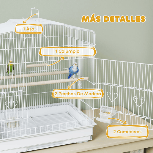 PawHut Gaiola para Pássaros Gaiola de Aço com Portas 2 Comedouros 2 Poleiros Baloiço Bandeja Removível e Pega de Transporte para Loro Canário Periquito 46,5x36x59 cm Branco