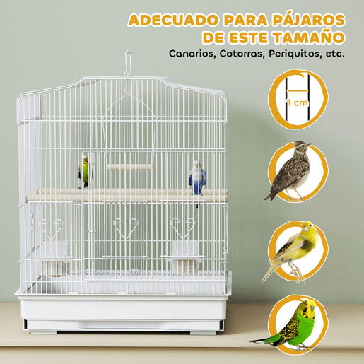 PawHut Gaiola para Pássaros Gaiola de Aço com Portas 2 Comedouros 2 Poleiros Baloiço Bandeja Removível e Pega de Transporte para Loro Canário Periquito 46,5x36x59 cm Branco