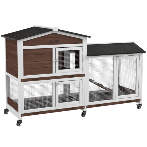 PawHut Casota para Coelhos de Madeira com Rodas 157,4x53x99,5 cm Gaiola Grande com Telhado Asfáltico, Tabuleiros Removíveis e Rampa para Exterior e Interior Castanho