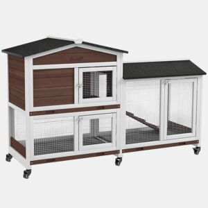 PawHut Casota para Coelhos de Madeira com Rodas 157,4x53x99,5 cm Gaiola Grande com Telhado Asfáltico, Tabuleiros Removíveis e Rampa para Exterior e Interior Castanho