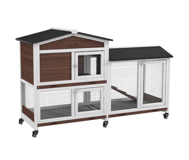 Pawhut conejera exterior grande de madera con 6 ruedas jaula para 3 conejos de 2 niveles con techo asfáltico bandejas extraíbles y rampa resistente a