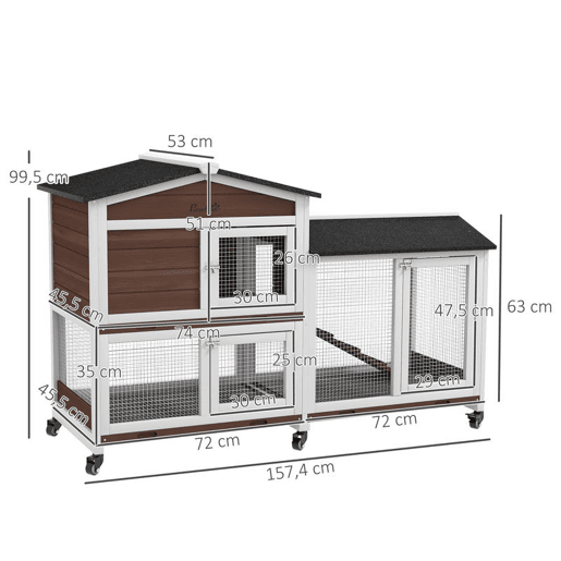 PawHut Casota para Coelhos de Madeira com Rodas 157,4x53x99,5 cm Gaiola Grande com Telhado Asfáltico, Tabuleiros Removíveis e Rampa para Exterior e Interior Castanho