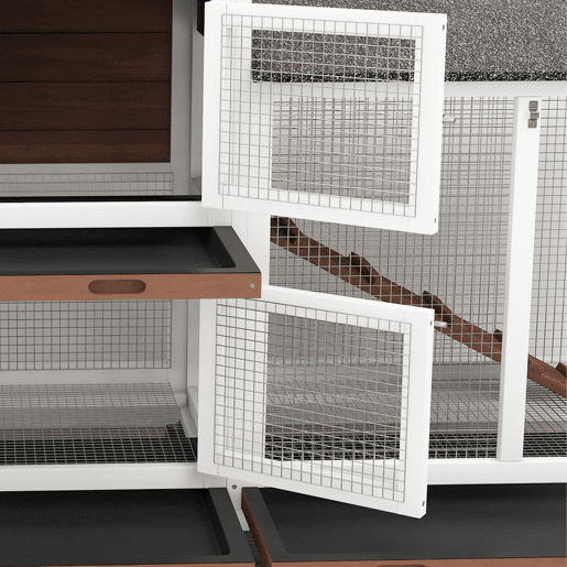 PawHut Casota para Coelhos de Madeira com Rodas 157,4x53x99,5 cm Gaiola Grande com Telhado Asfáltico, Tabuleiros Removíveis e Rampa para Exterior e Interior Castanho