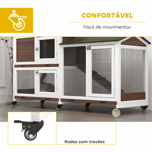 PawHut Casota para Coelhos de Madeira com Rodas 157,4x53x99,5 cm Gaiola Grande com Telhado Asfáltico, Tabuleiros Removíveis e Rampa para Exterior e Interior Castanho