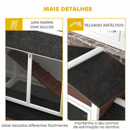 PawHut Casota para Coelhos de Madeira com Rodas 157,4x53x99,5 cm Gaiola Grande com Telhado Asfáltico, Tabuleiros Removíveis e Rampa para Exterior e Interior Castanho