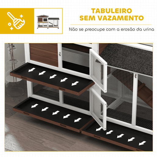 PawHut Casota para Coelhos de Madeira com Rodas 157,4x53x99,5 cm Gaiola Grande com Telhado Asfáltico, Tabuleiros Removíveis e Rampa para Exterior e Interior Castanho