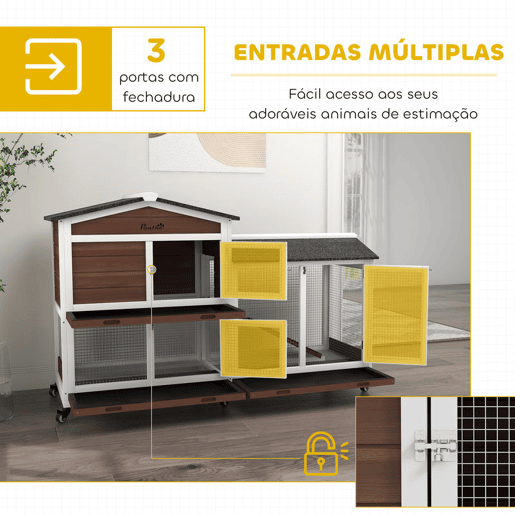 PawHut Casota para Coelhos de Madeira com Rodas 157,4x53x99,5 cm Gaiola Grande com Telhado Asfáltico, Tabuleiros Removíveis e Rampa para Exterior e Interior Castanho