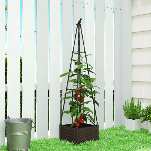 Outsunny Floreira com Treliça Metálica Floreira para Plantas Trepadeiras Vaso de PP com Orifícios de Drenagem e Tampões Floreira Elevada para Jardim Pátio 40x40x175 cm Preto