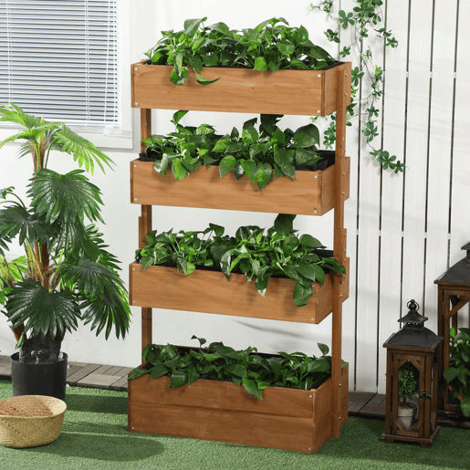 Outsunny Floreira de Madeira de 4 Níveis Floreira Elevada Exterior com Orifícios de Drenagem e Tecido Não Tecido Vaso para Cultivos Plantas Flores para Terraço Jardim 80x45x142 cm Madeira