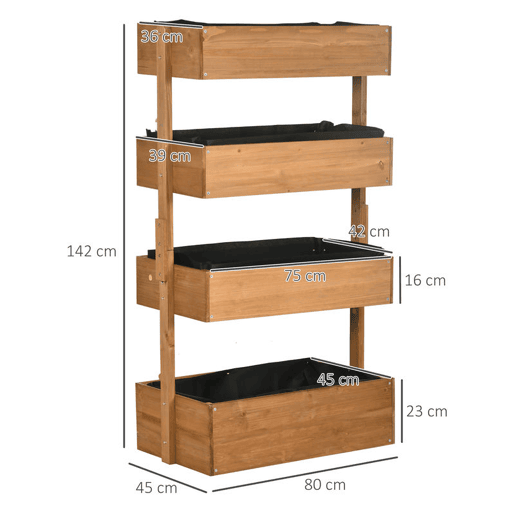 Outsunny Floreira de Madeira de 4 Níveis Floreira Elevada Exterior com Orifícios de Drenagem e Tecido Não Tecido Vaso para Cultivos Plantas Flores para Terraço Jardim 80x45x142 cm Madeira