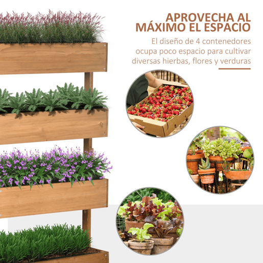 Outsunny Floreira de Madeira de 4 Níveis Floreira Elevada Exterior com Orifícios de Drenagem e Tecido Não Tecido Vaso para Cultivos Plantas Flores para Terraço Jardim 80x45x142 cm Madeira