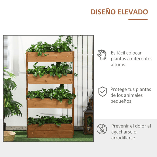 Outsunny Floreira de Madeira de 4 Níveis Floreira Elevada Exterior com Orifícios de Drenagem e Tecido Não Tecido Vaso para Cultivos Plantas Flores para Terraço Jardim 80x45x142 cm Madeira
