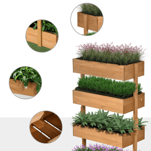 Outsunny Floreira de Madeira de 4 Níveis Floreira Elevada Exterior com Orifícios de Drenagem e Tecido Não Tecido Vaso para Cultivos Plantas Flores para Terraço Jardim 80x45x142 cm Madeira